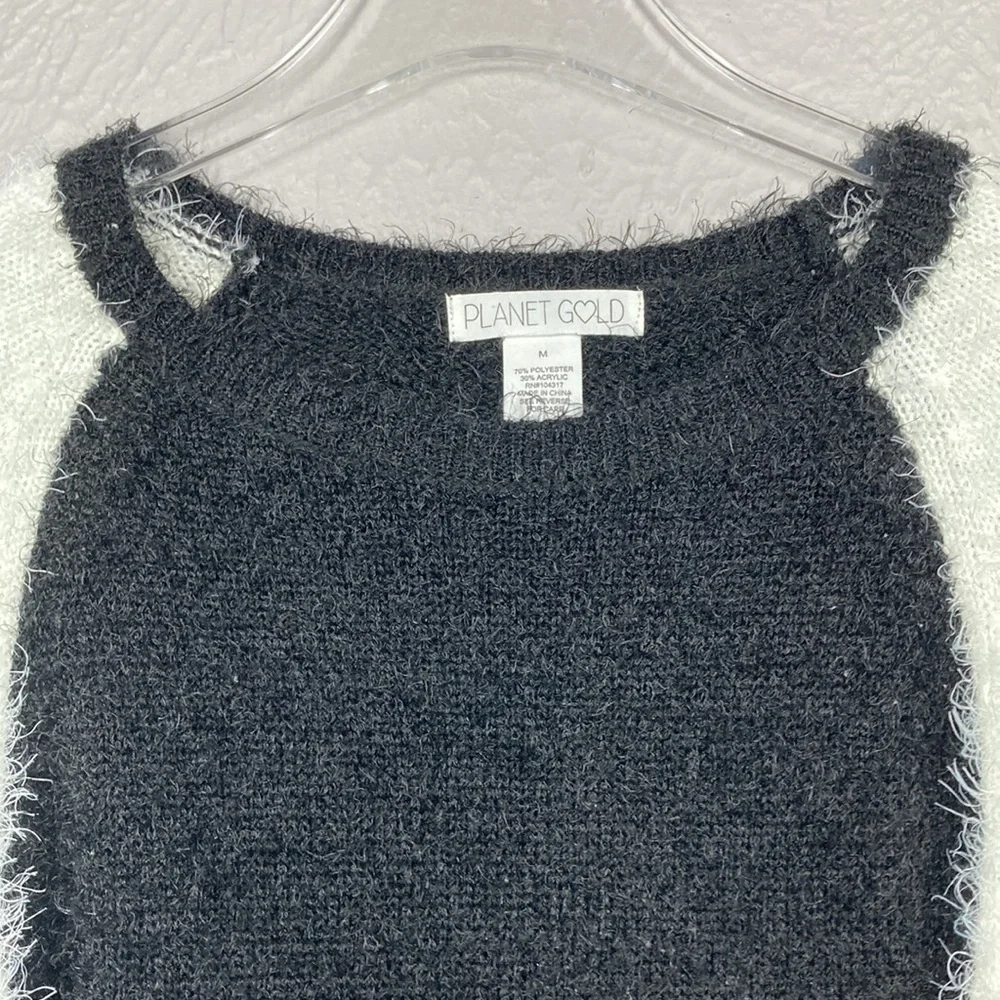 Planet Gold Black & White Long Sleeve Crop Fuzzy Sweater Women's Size Me…